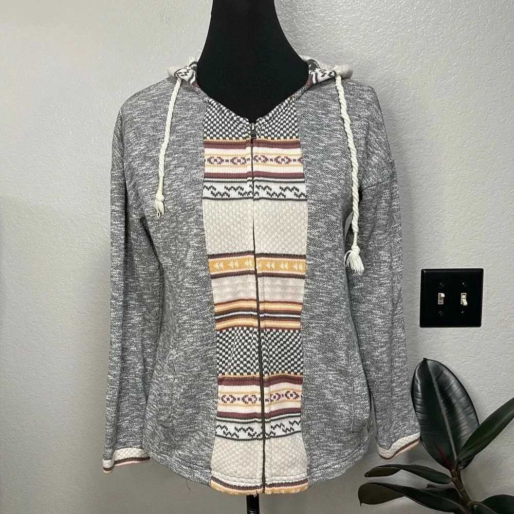 Roxy Women's Aztec Print & Grey Knit Zip Up Hooded Sweater Small